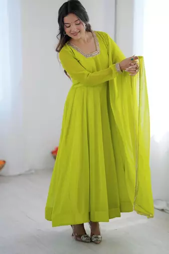 Parrot green georgette plain gown set