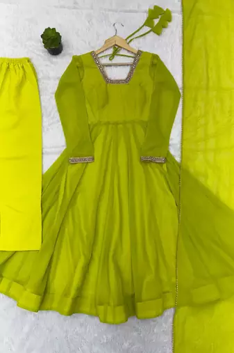 Parrot green georgette plain gown set