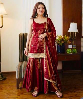 Maroon silk blend embroidered sharara set 1