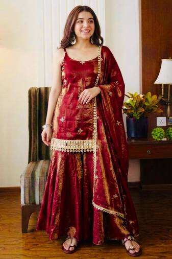 Maroon silk blend embroidered sharara set