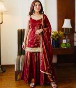 Maroon silk blend embroidered sharara set