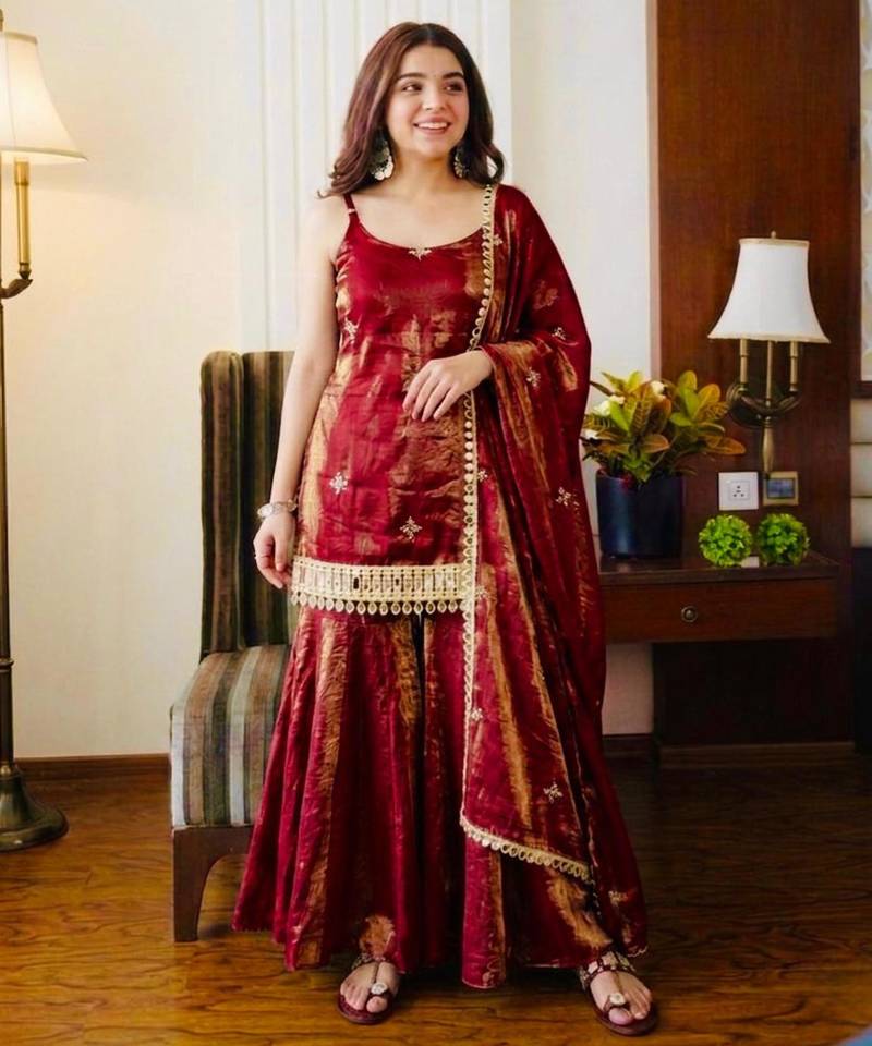 Maroon silk blend embroidered sharara set
