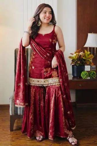 Maroon silk blend embroidered sharara set