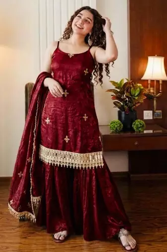 Maroon silk blend embroidered sharara set