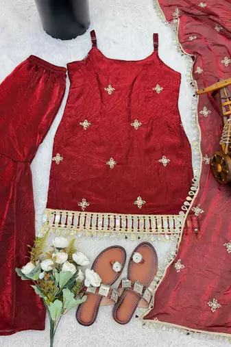 Maroon silk blend embroidered sharara set