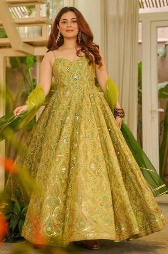 Olive organza printed gown set