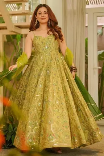 Olive organza printed gown set