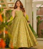 Olive organza printed gown set