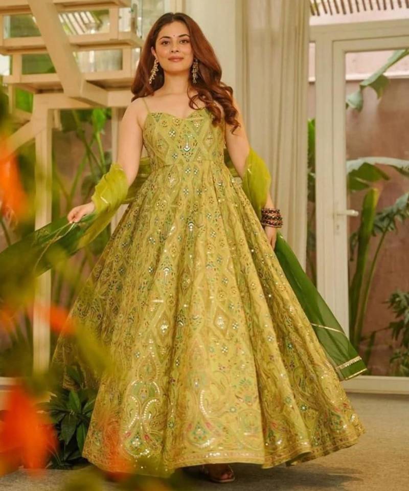 Olive organza printed gown set