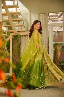 Olive organza printed gown set 2