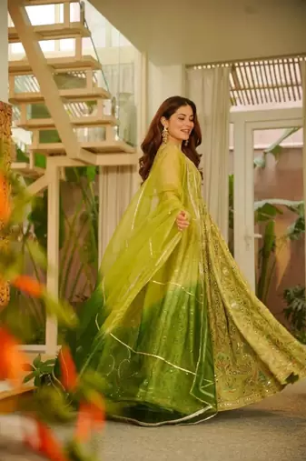 Olive organza printed gown set