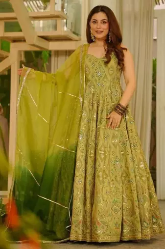 Olive organza printed gown set