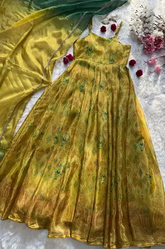 Olive organza printed gown set