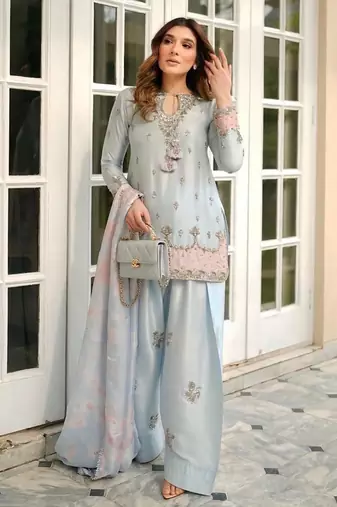 Sky blue satin embroidered farshi salwar set