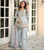 Sky blue satin embroidered farshi salwar set