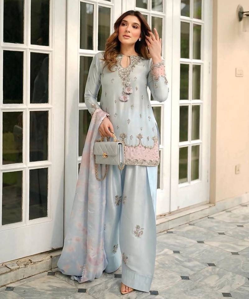 Sky blue satin embroidered farshi salwar set