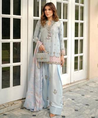 Sky blue satin embroidered farshi salwar set 2