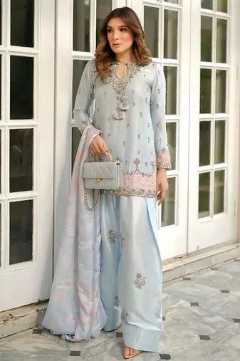 Sky blue satin embroidered farshi salwar set