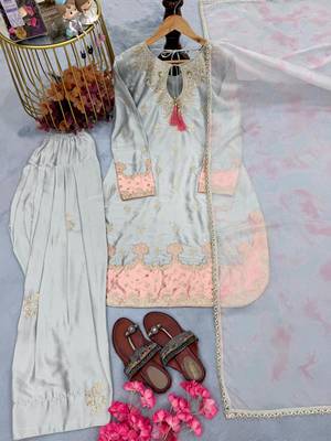 Sky blue satin embroidered farshi salwar set 3