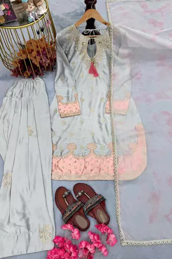 Sky blue satin embroidered farshi salwar set