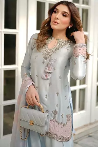 Sky blue satin embroidered farshi salwar set