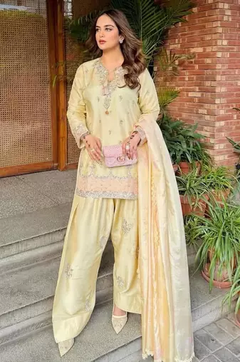 Cream satin embroidered farshi salwar set