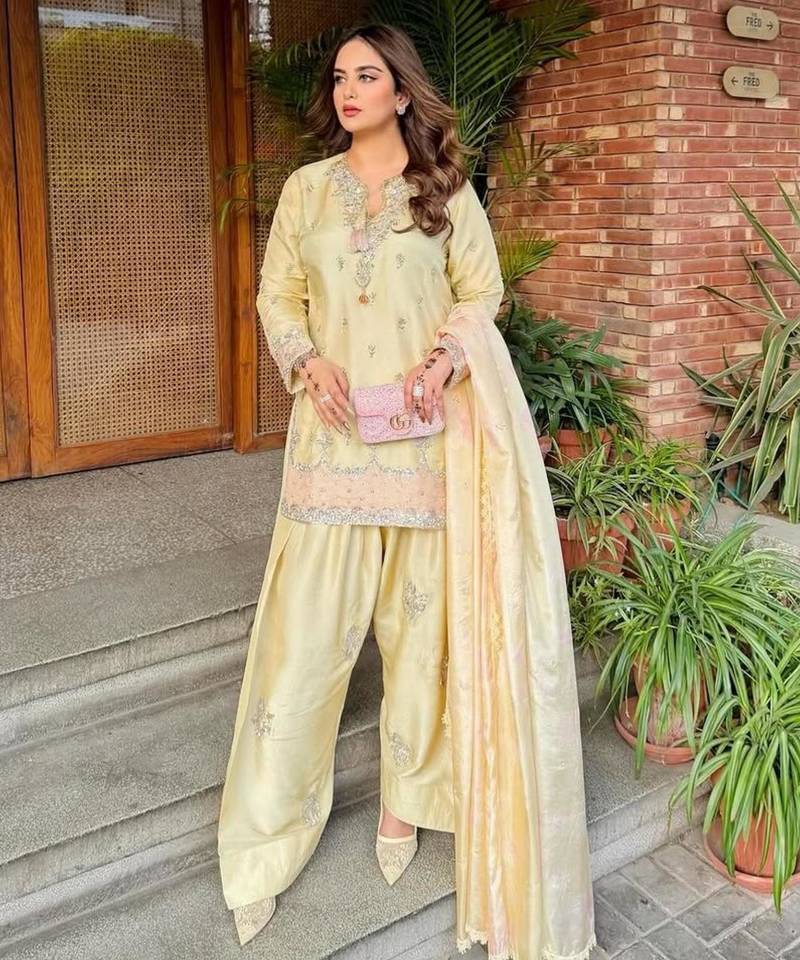 Cream satin embroidered farshi salwar set