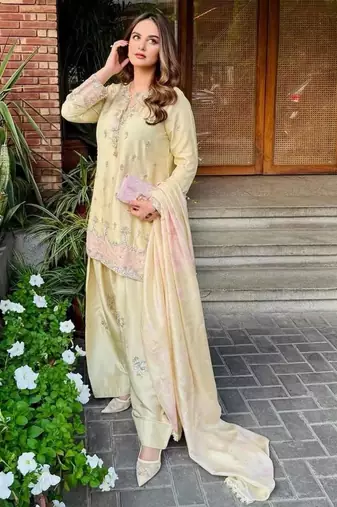 Cream satin embroidered farshi salwar set