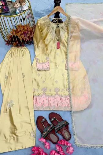 Cream satin embroidered farshi salwar set