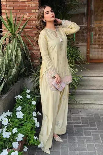 Cream satin embroidered farshi salwar set