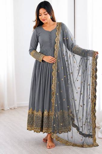 Grey faux georgette embroidered gown set