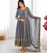 Grey faux georgette embroidered gown set