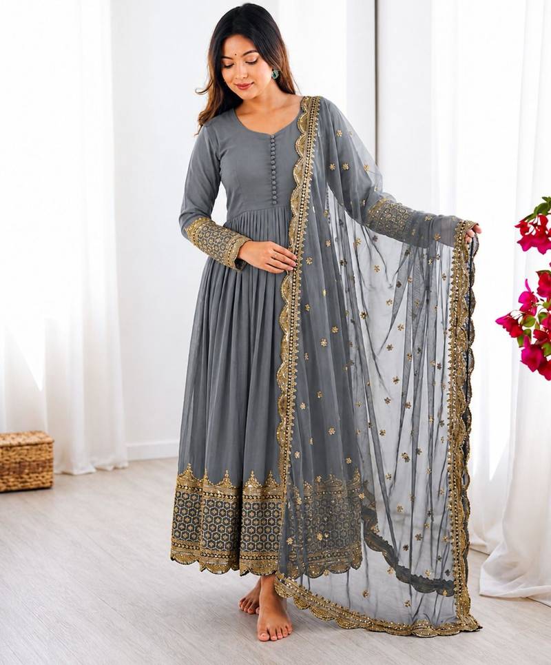 Grey faux georgette embroidered gown set