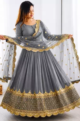 Grey faux georgette embroidered gown set