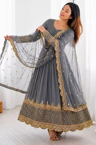 Grey faux georgette embroidered gown set