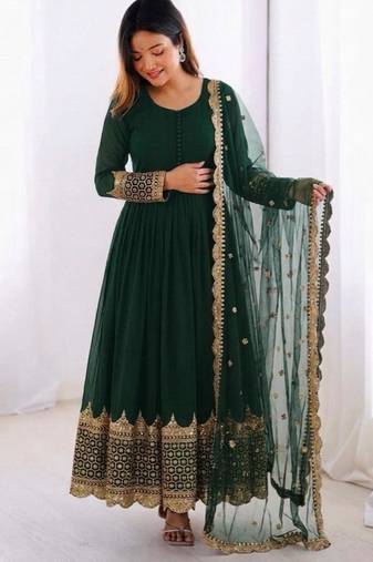 Green faux georgette embroidered gown set