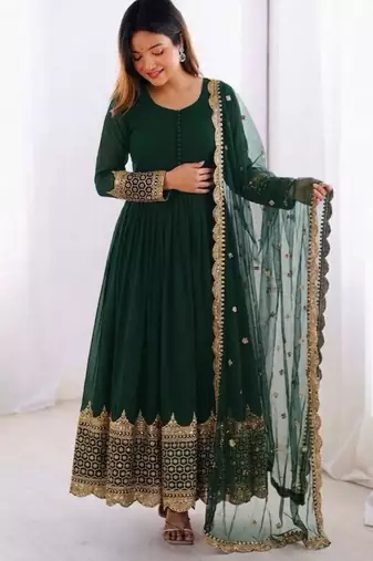 Green faux georgette embroidered gown set