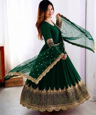 Green faux georgette embroidered gown set 2