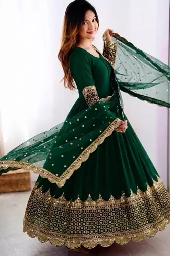 Green faux georgette embroidered gown set