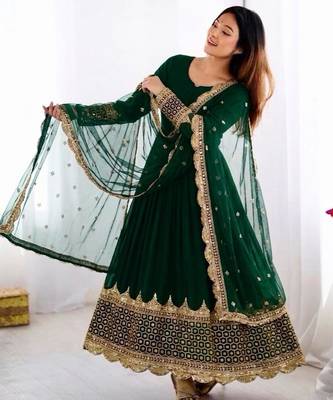 Green faux georgette embroidered gown set 3