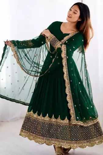 Green faux georgette embroidered gown set