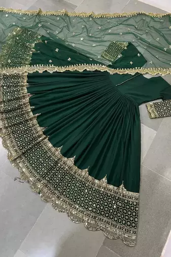 Green faux georgette embroidered gown set