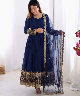 Royal blue faux georgette embroidered gown set 1