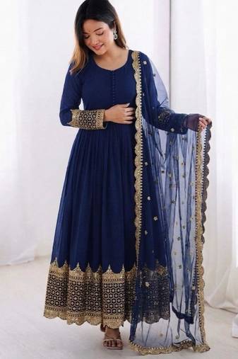 Royal blue faux georgette embroidered gown set