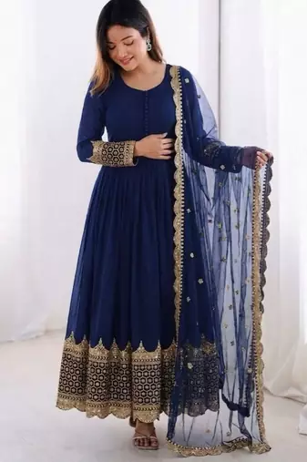 Royal blue faux georgette embroidered gown set