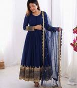 Royal blue faux georgette embroidered gown set