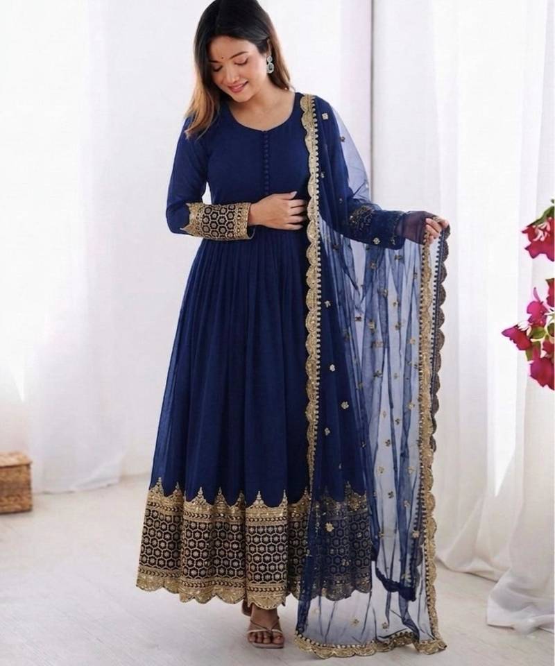 Royal blue faux georgette embroidered gown set