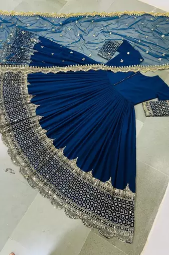Royal blue faux georgette embroidered gown set