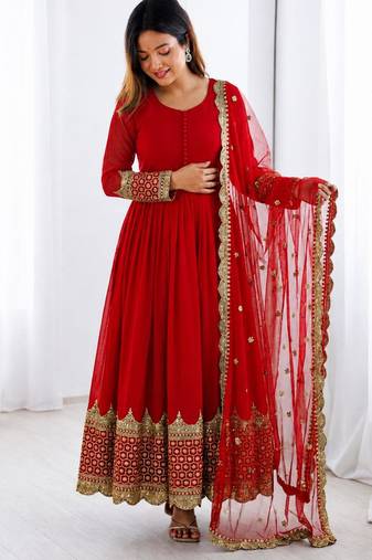 Red faux georgette embroidered gown set