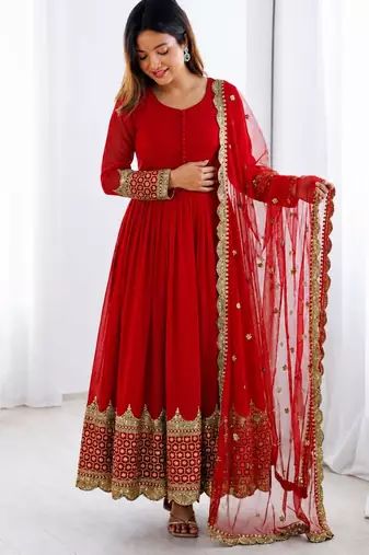 Red faux georgette embroidered gown set